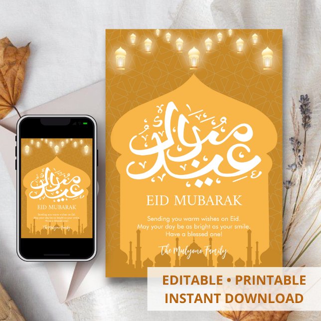 Carte Eid Mubarak silhouette de mosquée dorée élég (Créateur téléchargé)