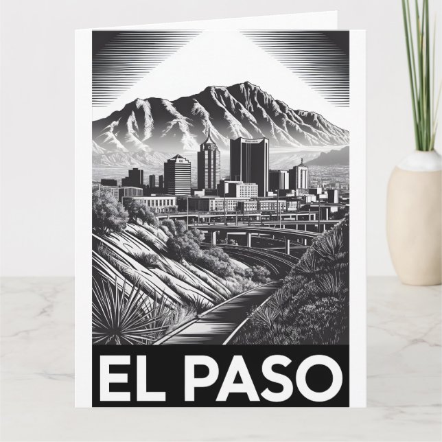 Carte El Paso Texas Skyline Noir et Blanc Gravure sur Bo (Devant)