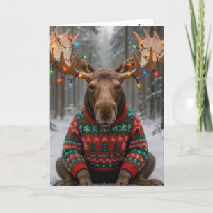 Carte Élan de Noël portant un pull affreux