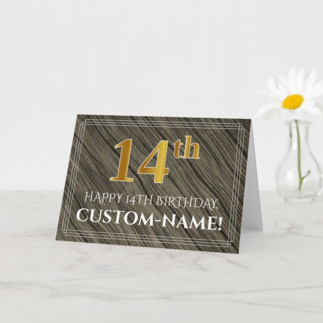 Carte Elégant 14ème anniversaire : Faux Wood, Faux Gold  (Petite plante)