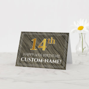 Carte Elégant 14ème anniversaire : Faux Wood, Faux Gold 