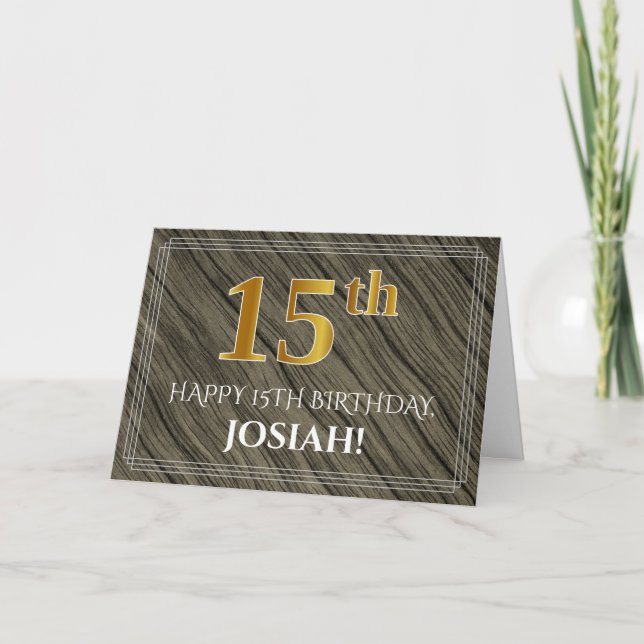 Carte Elégant 15ème anniversaire : Faux Wood, Faux Gold  (Devant)