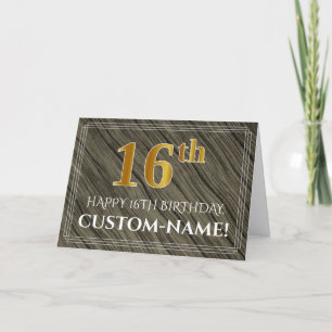 Carte Elégant 16ème anniversaire : Faux Wood, Faux Gold
