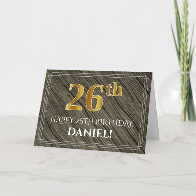 Carte Elégant 26ème anniversaire : Faux Wood, Faux Gold  (Devant)