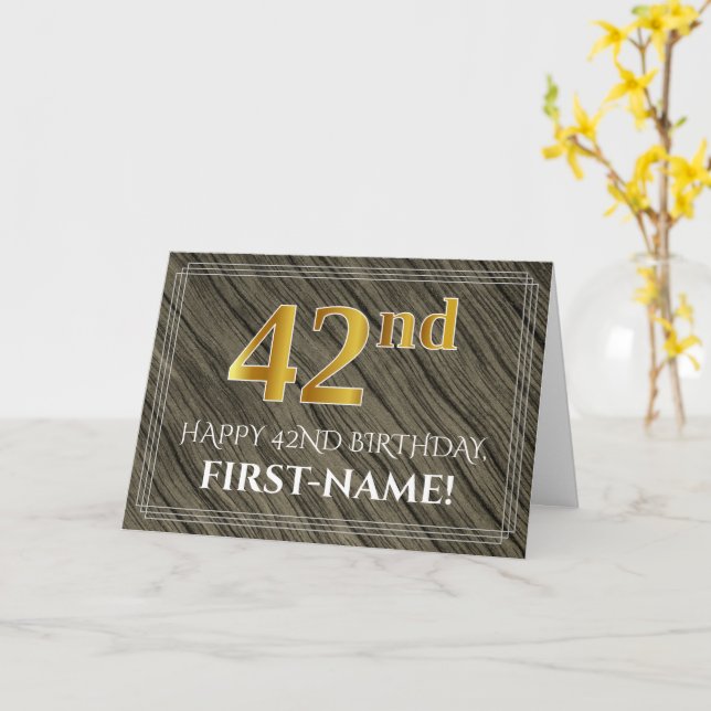 Carte Elégant 42ème anniversaire : Faux Wood, Faux Gold  (Fleur jaune)