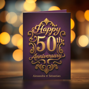 Carte Élégant 50e anniversaire de Mariage violet et or