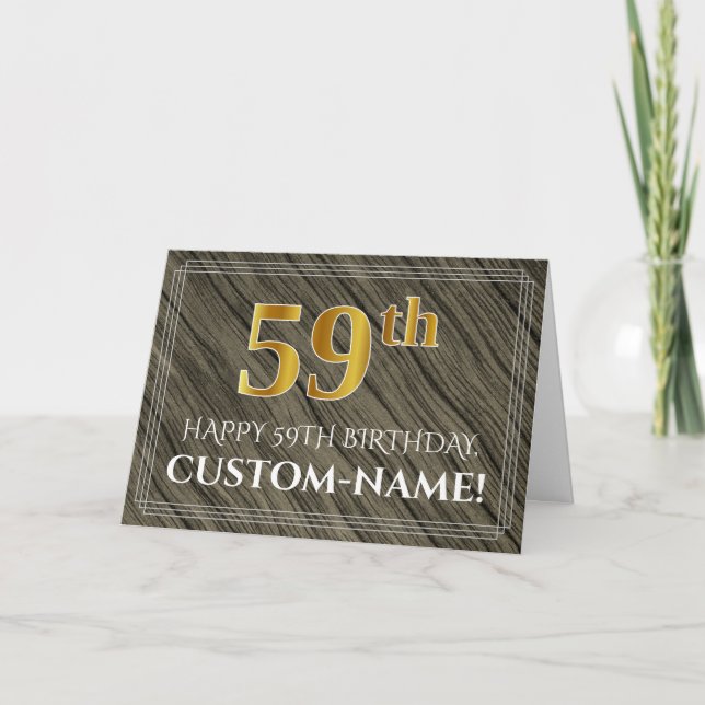 Carte Elégant 59e anniversaire : Faux Wood, Faux Gold Lo (Devant)