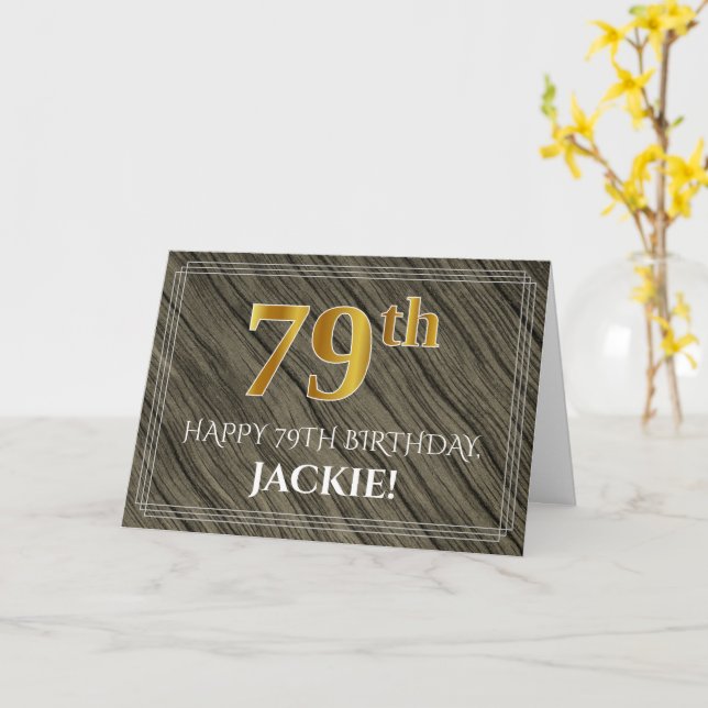 Carte Elégant 79e anniversaire : Faux Wood, Faux Gold Lo (Fleur jaune)