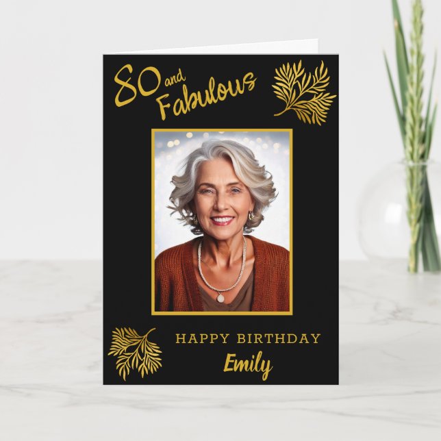 Carte Élégant 80 et Fabuleux Feuillage Doré 80e Annivers (Devant)
