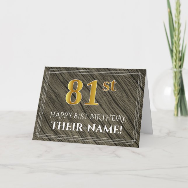 Carte Elégant 81e anniversaire : Faux Wood, Faux Gold Lo (Devant)