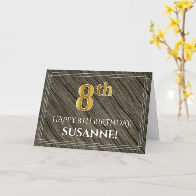 Carte Elégant 8ème anniversaire : Faux Wood, Faux Gold L (Fleur jaune)