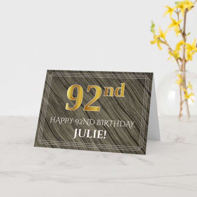 Carte Elégant 92ème anniversaire : Faux Wood, Faux Gold  (Fleur jaune)