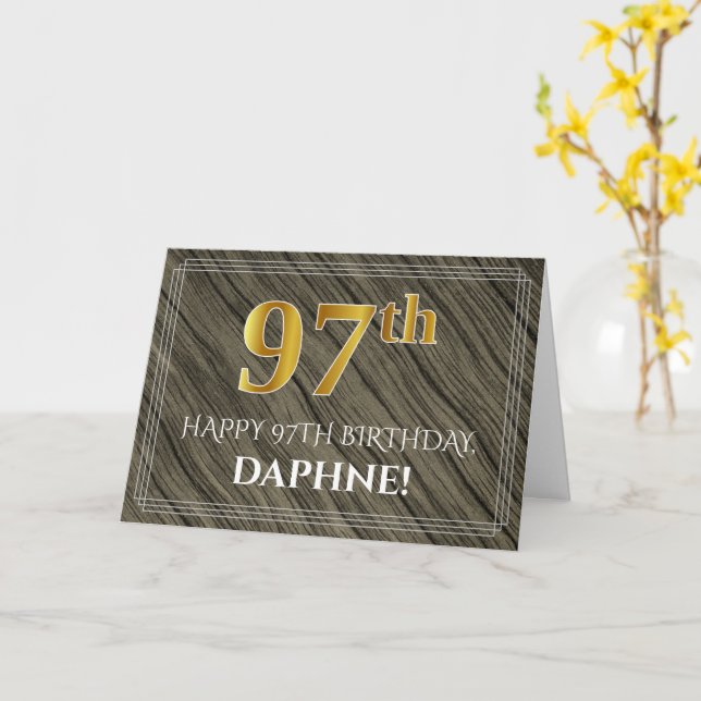 Carte Elégant 97ème anniversaire : Faux Wood, Faux Gold  (Fleur jaune)