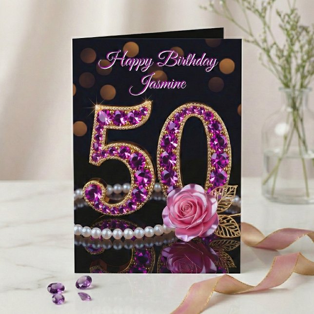 Carte Élégant Améthyste Violet Perle Or 50ème Anniversai (Créateur téléchargé)