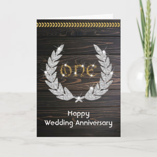 Carte Élégant Anniversaire de Mariage Bois Rustique 1ère