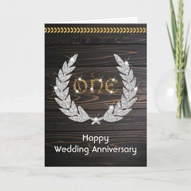 Carte Élégant Anniversaire de Mariage Bois Rustique 1ère (Devant)