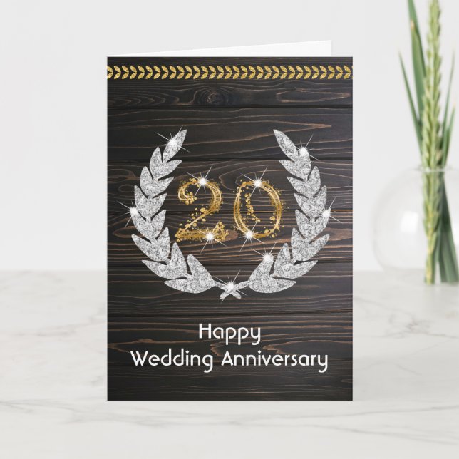 Carte Élégant Anniversaire de Mariage Bois Rustique 20 a (Devant)