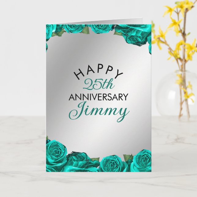 Carte Élégant Argent Turquoise Roses Mari 25e anniversai (Fleur jaune)