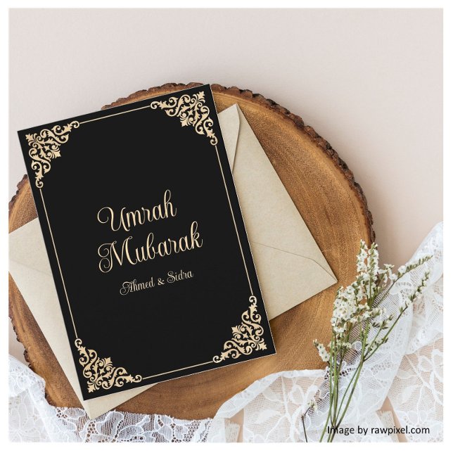 Carte Élégant Baroque Noir Umrah Moubarak Salutation (Créateur téléchargé)