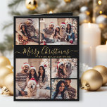 Carte Elégant Black Gold 5 Photo Collage Noël<br><div class="desc">Élégante calligraphie Moderne Simple Noir et Or 5 Photo Collage Joyeux Script de Noël Big Folded Holiday Card. Ce minimaliste festif cinq (5) modèle de carte de voeux de vacances photo présente une jolie grille photo collage et dit "Joyeux Noël"! Le texte de salutation "Joyeux Noël" est écrit dans une...</div>