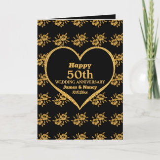 Carte Élégant Black Gold Floral 50e anniversaire Mariage