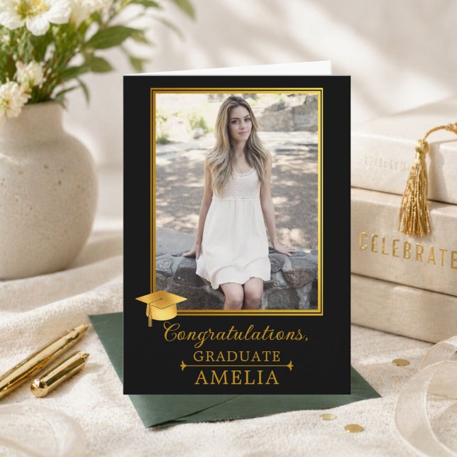 Carte Elegant Black Gold Photo Graduation Congratulation (Créateur téléchargé)