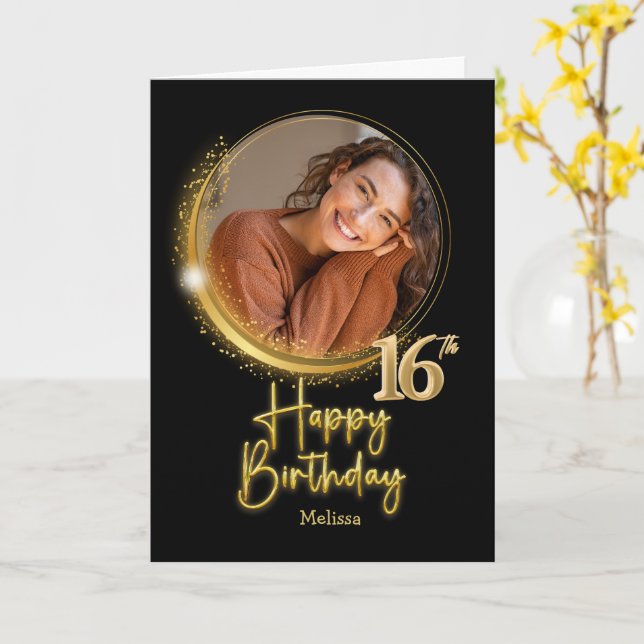 Carte Elegant Black & Gold Photo Name 16th Birthday (Fleur jaune)