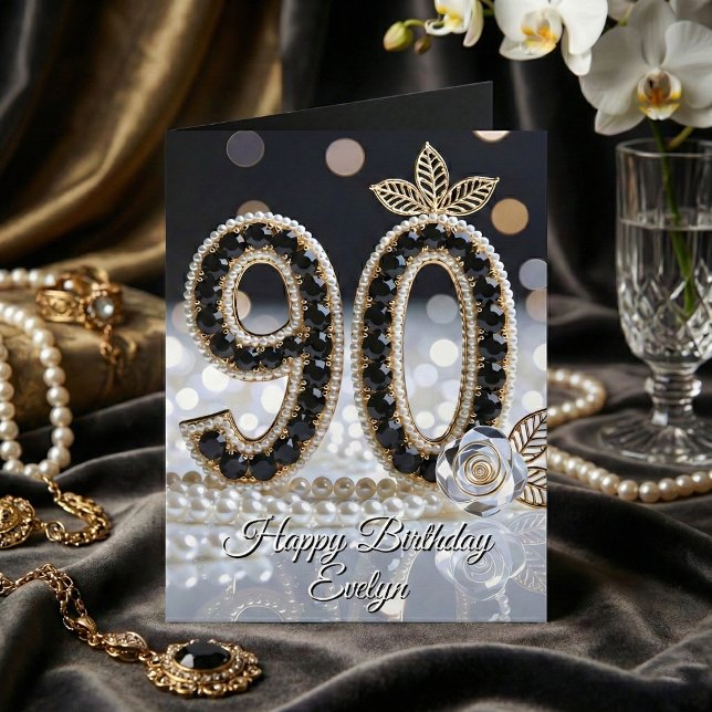 Carte Elegant Black Jewels Pearls And Gold 90th Birthday (Créateur téléchargé)