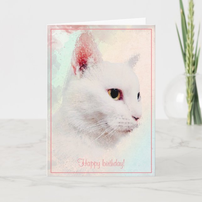 Carte Elégant blanc Chat Aquarelle anniversaire Salutati (Devant)