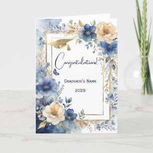 Carte Elégant bleu crème Floral Graduation personnalisée