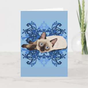 Carte Elégant bleu floral chat de Siamese jolie féline
