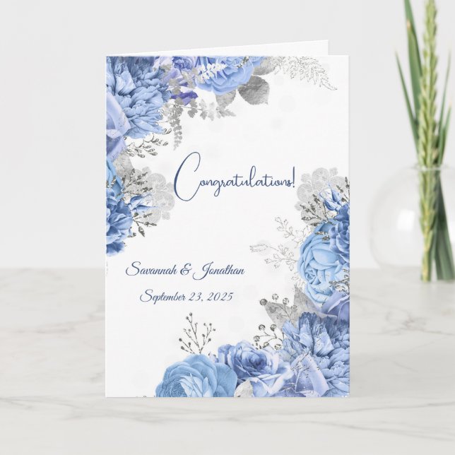 Carte Élégant bleu floral Mariage personnalisé (Devant)