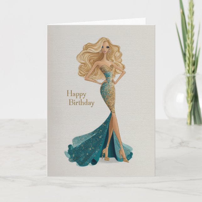 Carte Elegant Blonde in Gold & Teal Gown Glam BDay (Devant)