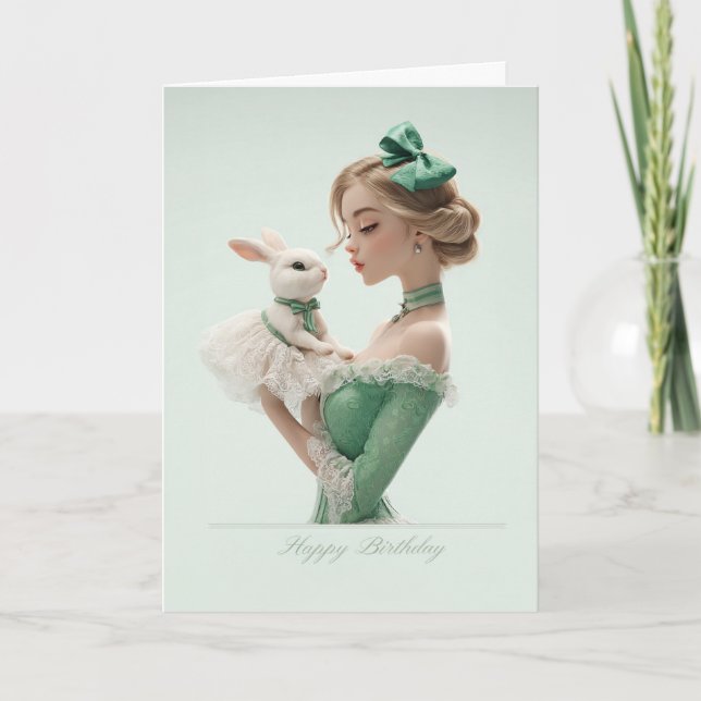 Carte Elegant Blonde in Green w/ Pretty Bunny BDay Card (Devant)