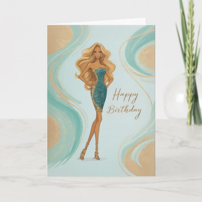Carte Elegant Blonde in Teal Gold Glam Gown Birthday (Devant)