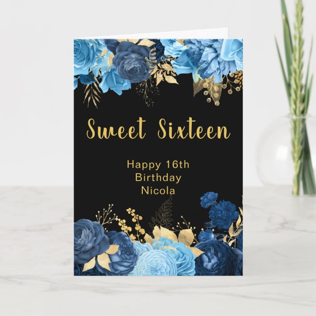 Carte Elegant Blue and Gold Flowers Sweet Sixteen (Devant)