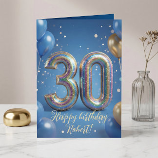 Carte Elegant Blue Gold Sparkly Balloons 30th Birthday