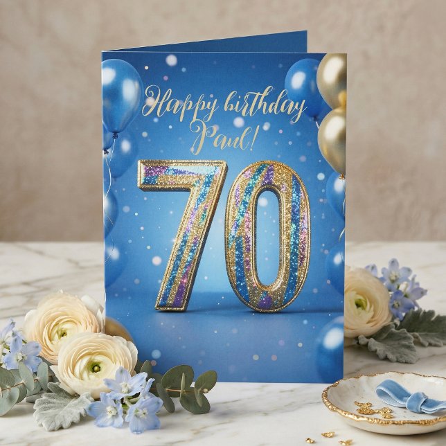 Carte Elegant Blue Gold Sparkly Balloons 70th Birthday (Créateur téléchargé)