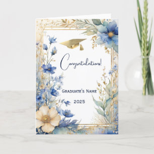Carte Elégant Blue Golden Flower Personnalisé Graduation