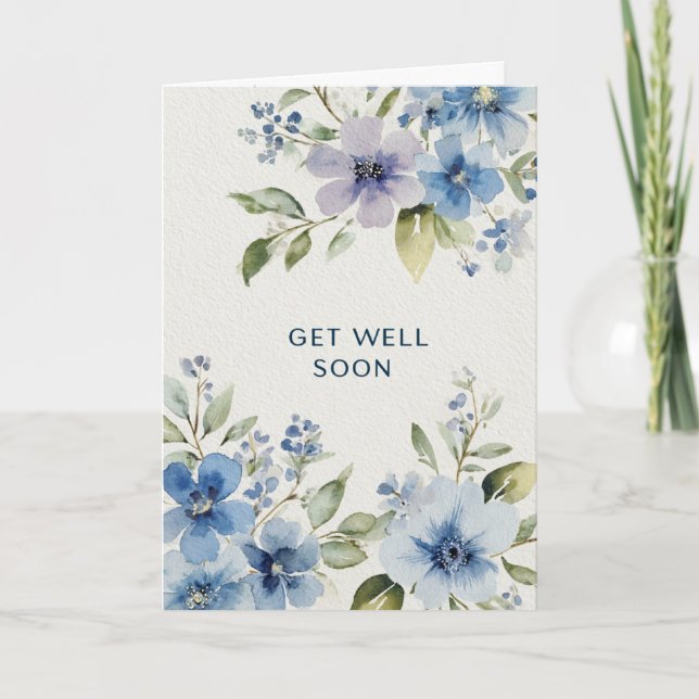 Carte Elegant Blue Watercolor Floral Get Well Soon (Devant)