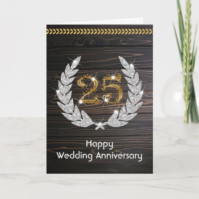 Carte Élégant Bois Rustique 25e Anniversaire de Mariage  (Devant)