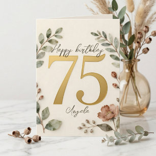 Carte Élégant Botanique Aquarelle Or 75e Anniversaire