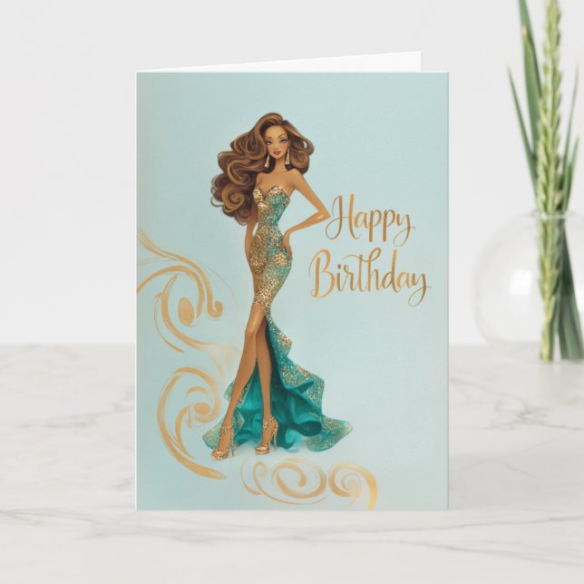 Carte Elegant Brunette in Gold Teal Fashionista BDay (Devant)