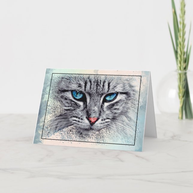Carte Élégant chat gris et blanc avec yeux bleus (Devant)