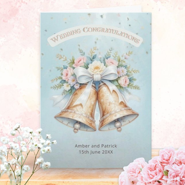 Carte Élégant Classique Joli Mariage Personnalisé Cloche (A personalized wedding Congratulations card for the newlywed couple, with bells, flowers and ribbon)