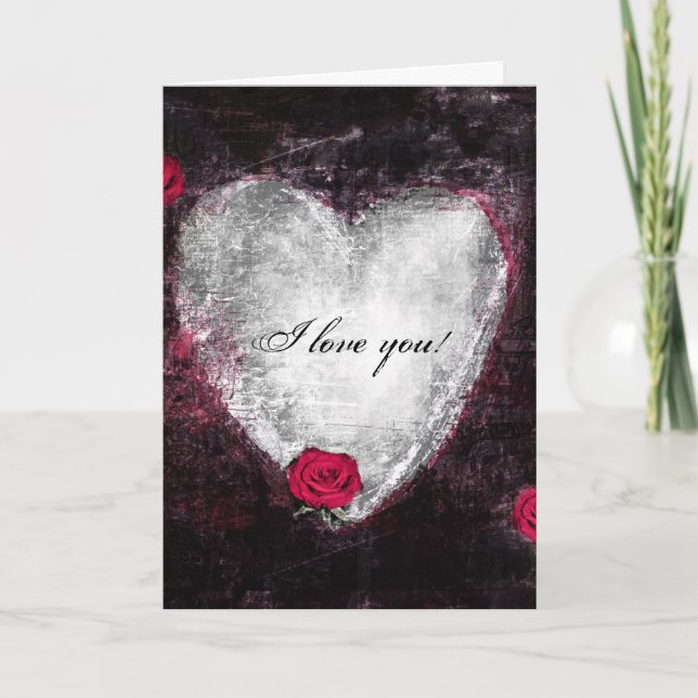 Carte Elégant coeur noir & rose "Je t'aime" (Devant)