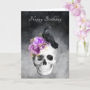 Carte Élégant crâne gothique corbeau roses violettes ann