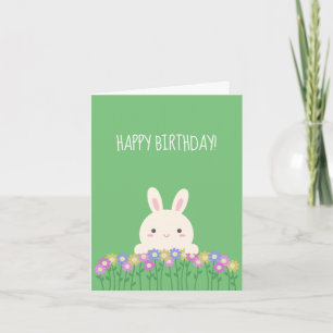 Carte Elégant Cute Kawaii Bunny & Fleurs Joyeux Annivers