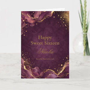 Carte Élégant Encre Alcoolique Prune et Or Sweet Sixteen