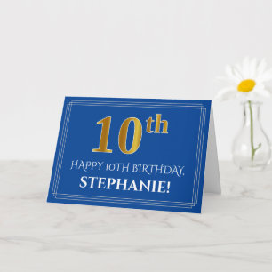 Carte Elégant Faux Gold Look 10e anniversaire, nom (bleu